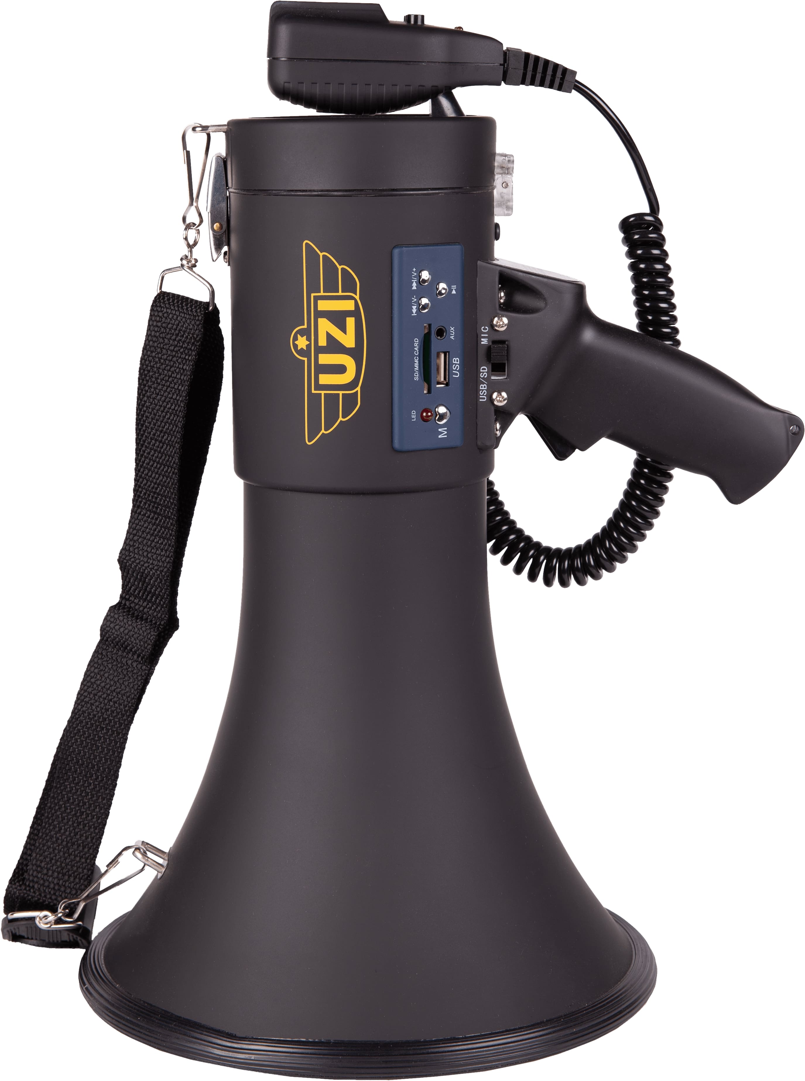 UZI UZI 50 Watt Megaphone featuring a compact design, siren, and playback function, ideal for crowd control and meetings.