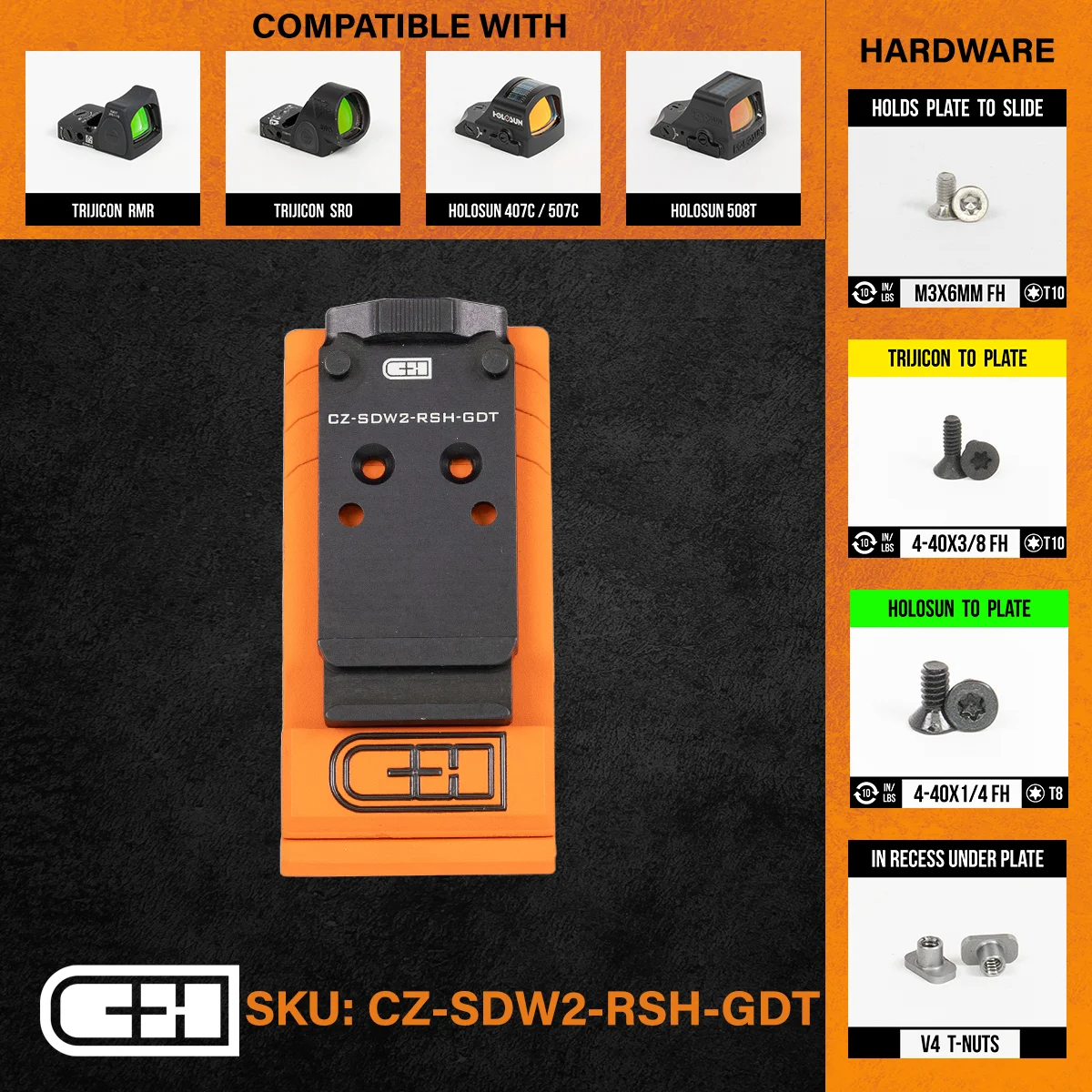 C&H Precision Optics Adapter Plate for CZ Shadow 2, compatible with Trijicon RMR and Holosun sights, featuring replaceable hardware.