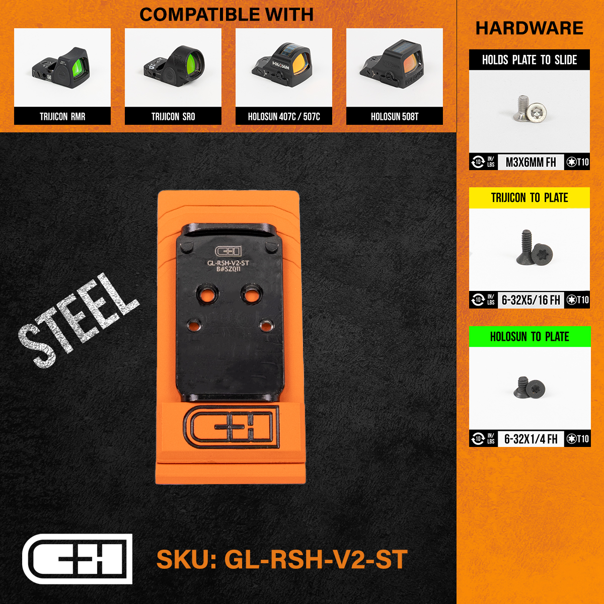 C&H Precision Optics Adapter Plate for Glock MOS V2, compatible with Trijicon RMR/SRO and Holosun models, featuring detailed hardware info.