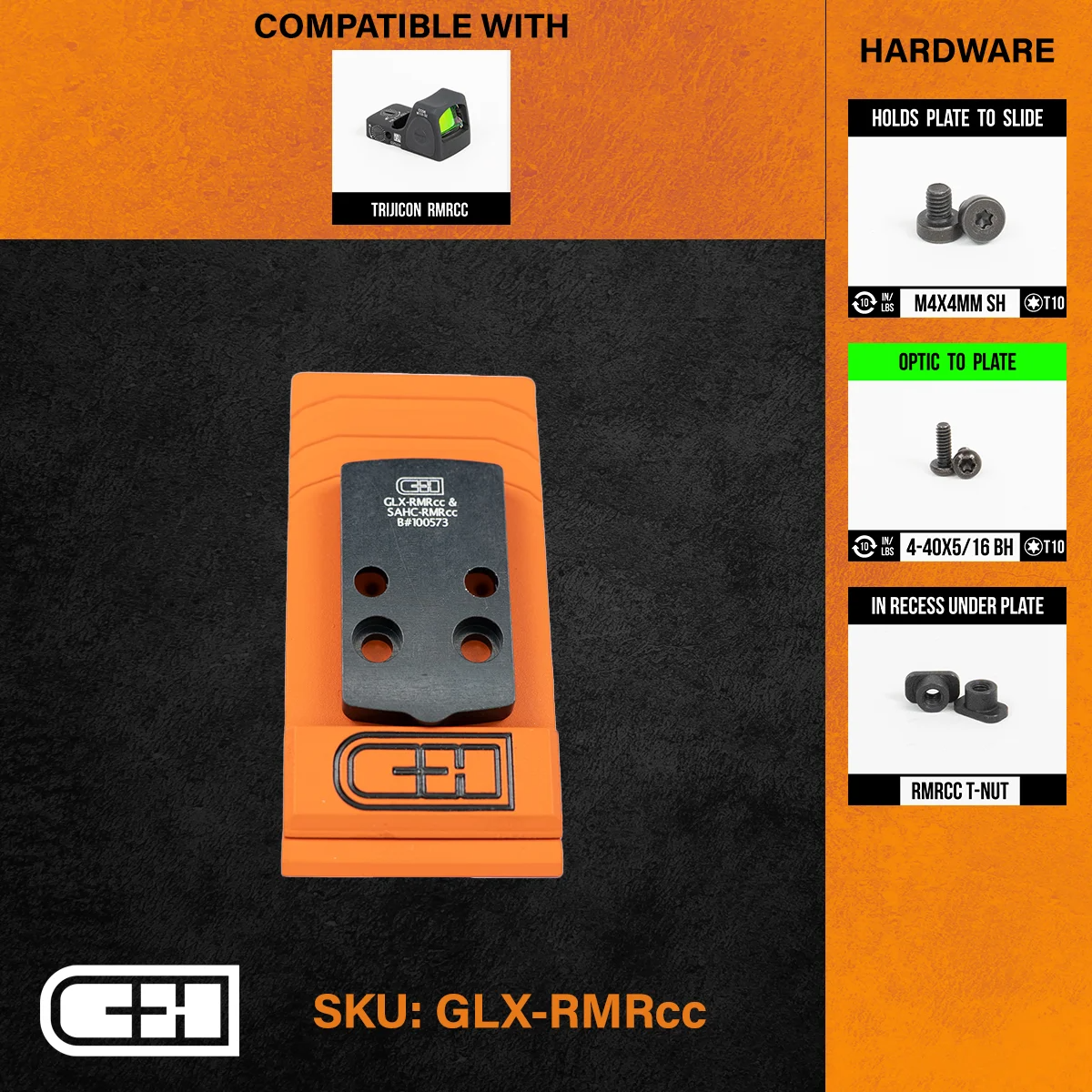 C&H Precision Optics Adapter Plate for Glock 43x/48 MOS with detailed hardware compatibility and specifications.