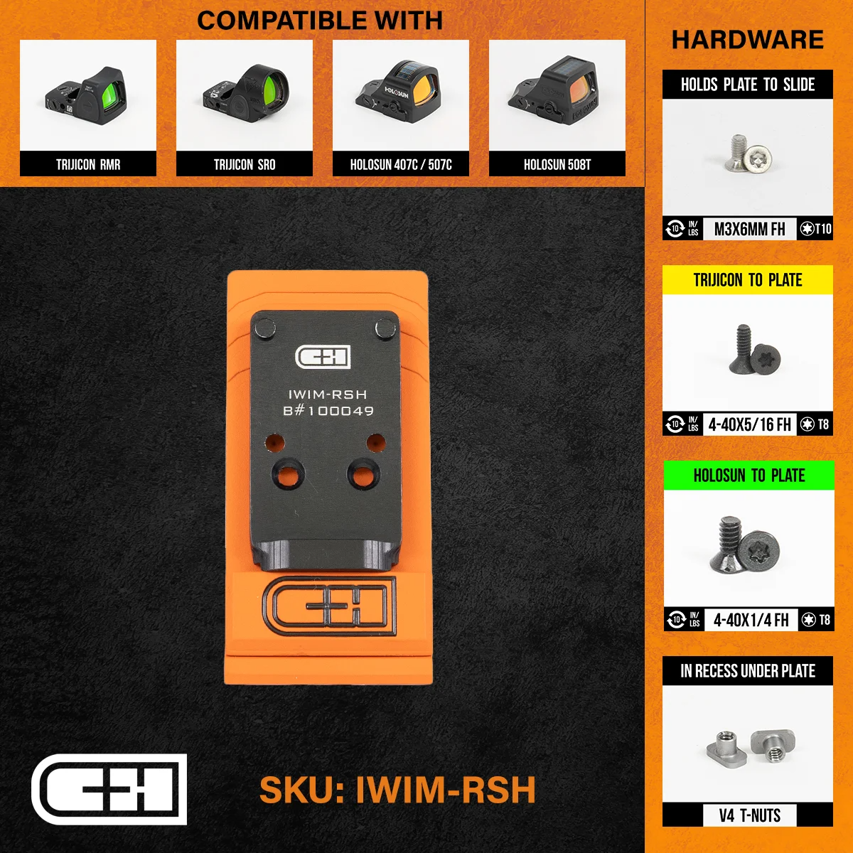 C&H Precision Optics Adapter Plate for IWI Masada with mounting hardware, compatible with various optics like Trijicon and Holosun.
