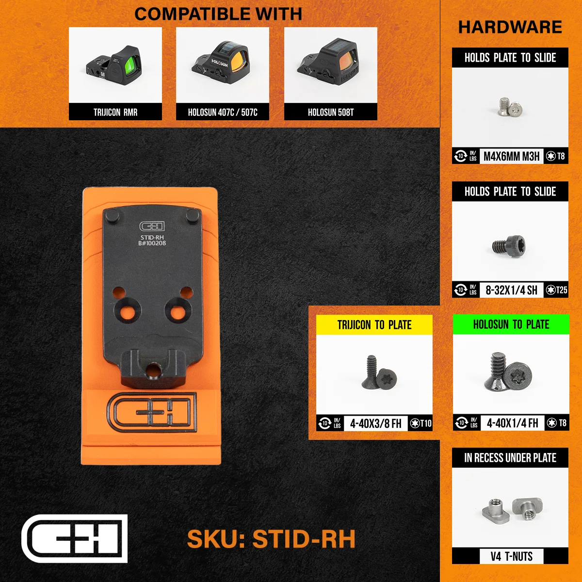 C&H Precision Optics Adapter Plate compatible with Trijicon RMR and Holosun sights, featuring replaceable mounting hardware.