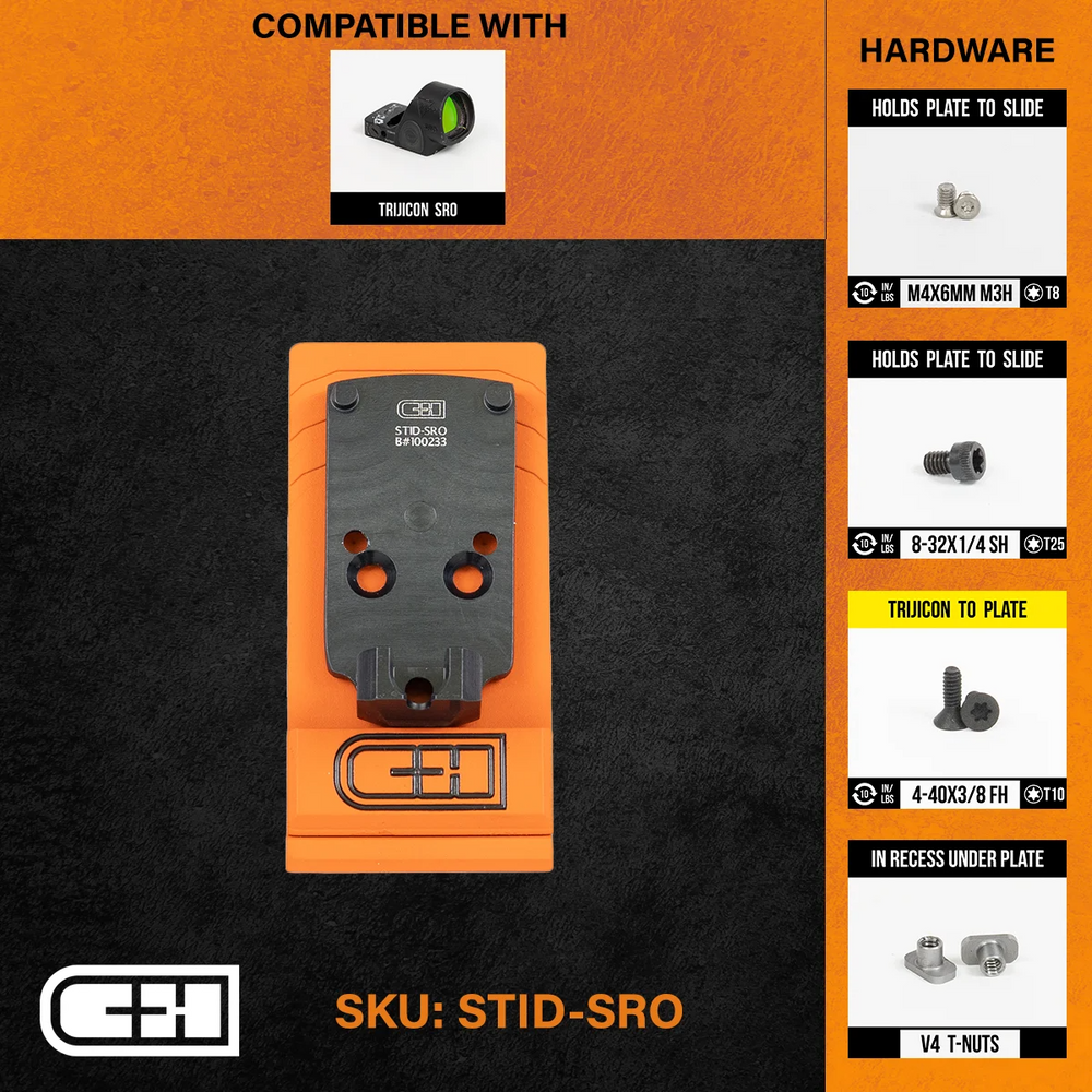 C&H Precision Optics Adapter Plate STID-SRO featuring compatible hardware and mounting details for the Trijicon SRO.