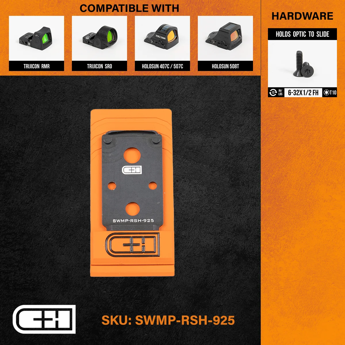 C&H Precision Optics Adapter Plate for S&W M1.0 CORE, compatible with Trijicon RMR/SRO and Holosun models.