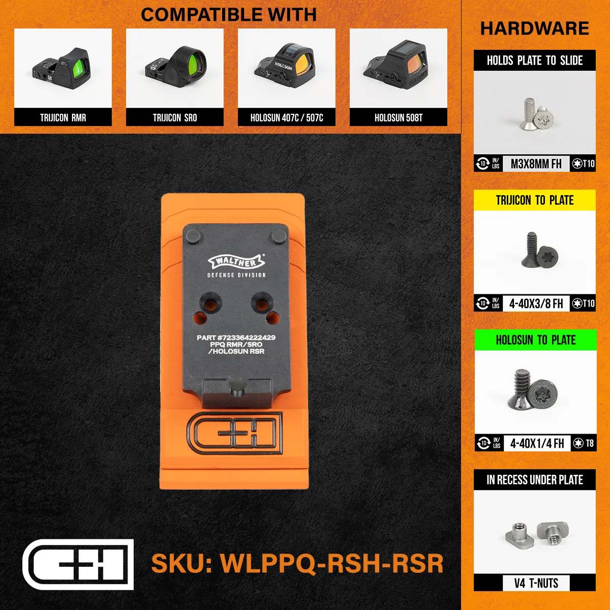 C&H Precision Optics Adapter Plate for Walther PPQ/Q4/Q5 with compatible hardware and mounting options displayed.