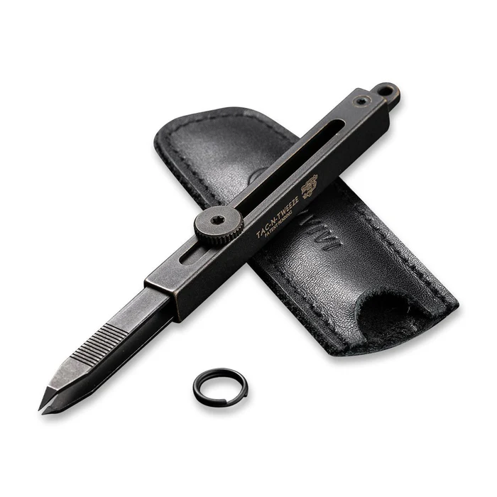 CIVIVI Tac-N-Tweeze Knife with tweezers in black stonewash finish and leather sheath, showcasing versatility and precision.