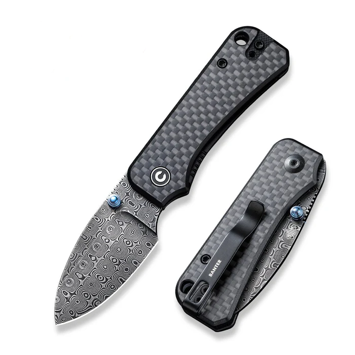 CIVIVI Knives Baby Banter Knife featuring a sleek carbon fiber handle and ornate Damascus steel blade, ideal for EDC use.