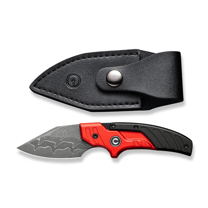 CIVIVI Knives Typhoeus Knife with red and black aluminum handle and leather sheath, featuring a Damascus blade.