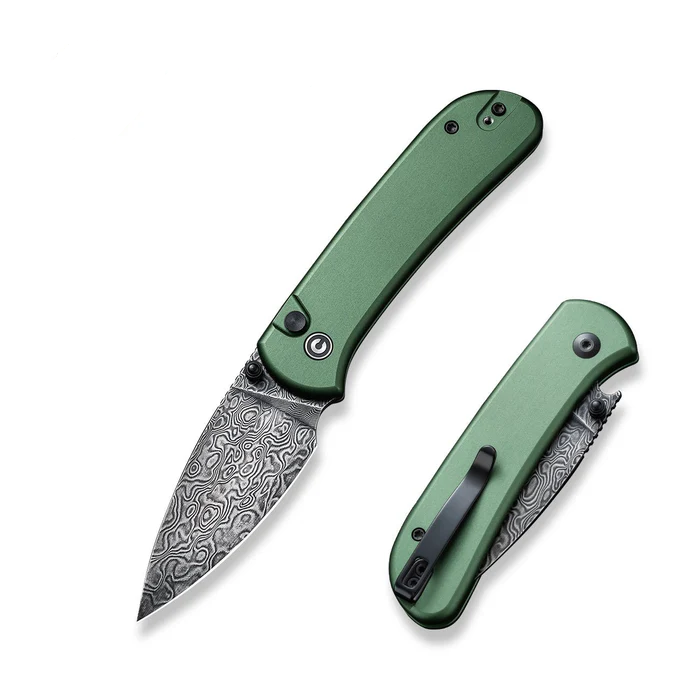 CIVIVI Knives Qubit Knife featuring a green handle and intricate Damascus steel blade, perfect for EDC enthusiasts.