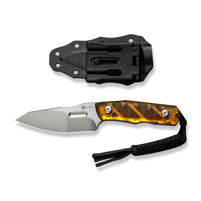 CIVIVI Knives Propugnator Knife with orange handle and black sheath, perfect for EDC tasks and outdoor adventures.