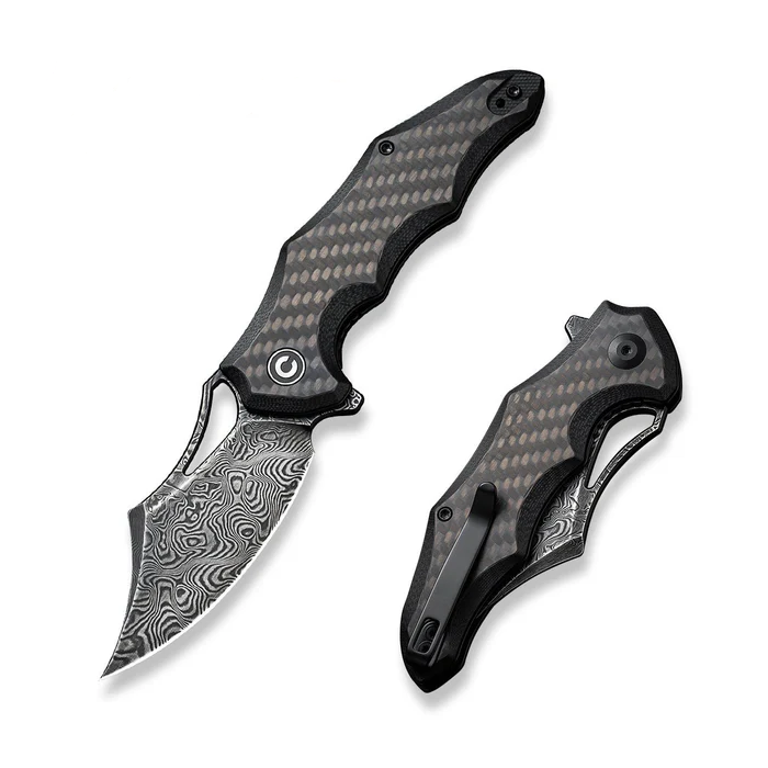 CIVIVI Knives Chiro Knife featuring a sleek Damascus blade and ergonomic carbon fiber handle for optimal EDC performance.