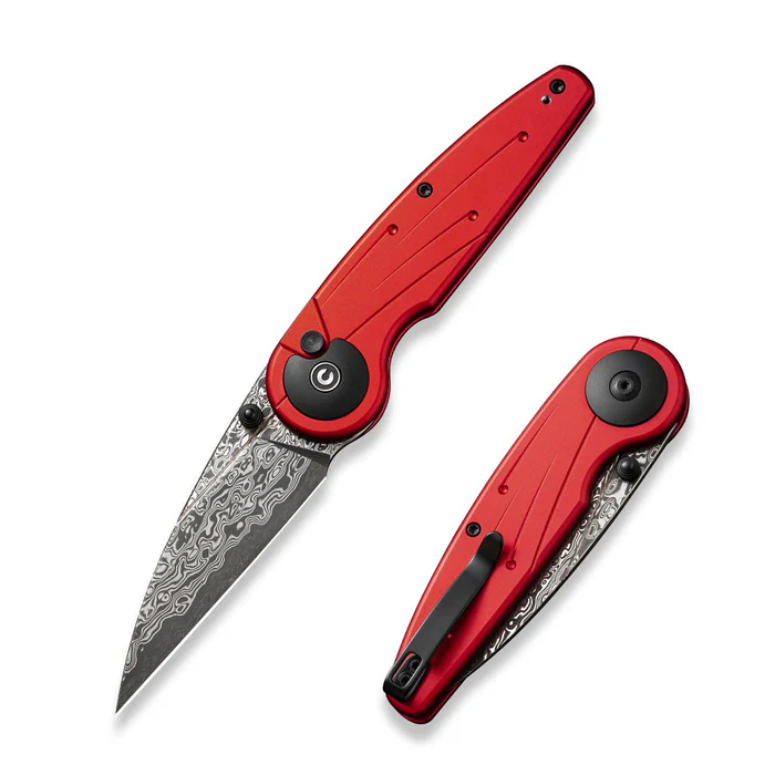 CIVIVI Starflare Thumb Stud & Button Lock Knife with Red Aluminum Handle and Damascus Steel Blade.