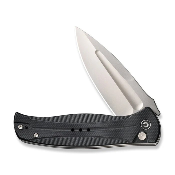 CIVIVI Knives Incindie Flipper with button lock, featuring sleek blade and textured black handle.