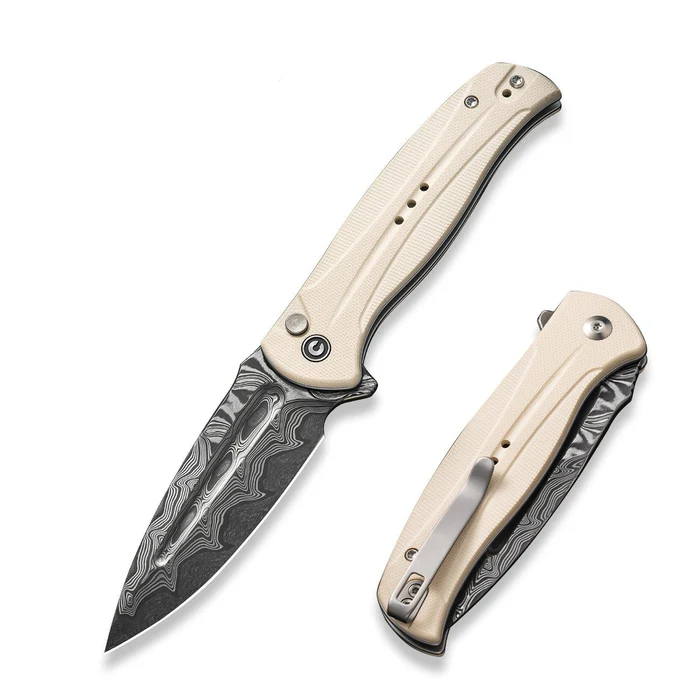 CIVIVI Knives Incindie Flipper with button lock, featuring a stylish ivory handle and a sleek damascus blade design.