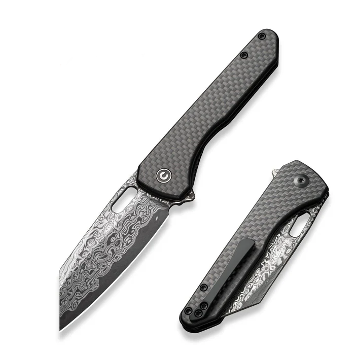 CIVIVI Knives Nugz Flipper Knife with intricate blade design and carbon fiber handles, showcasing high-quality craftsmanship.