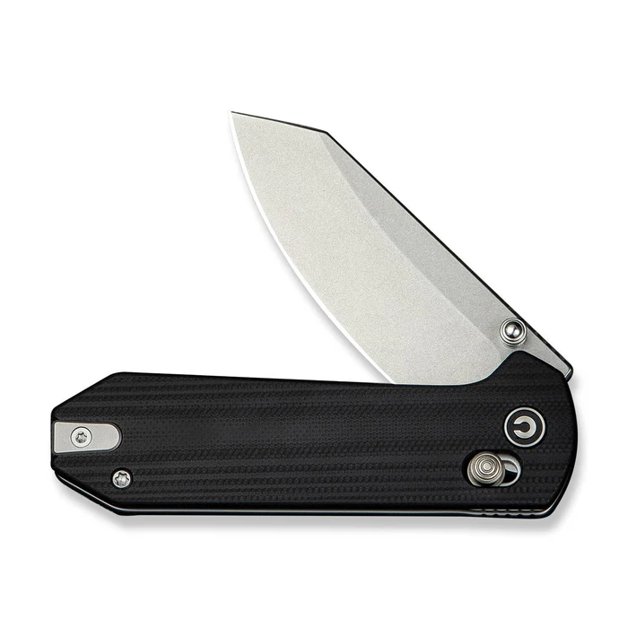 CIVIVI Yonder knife with black G10 handle and silver blade, featuring thumb stud and crossbar lock design.