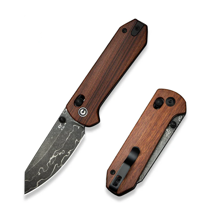 CIVIVI Yonder knife with Guibourtia wood handle and thumb stud design, showcasing an elegant folding mechanism.