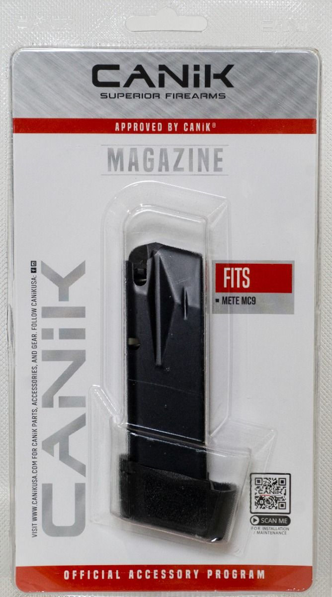 Canik METE MC9 15rd magazine with full grip extension in packaging, compatible with Canik METE MC9 and TP9 Elite SC.