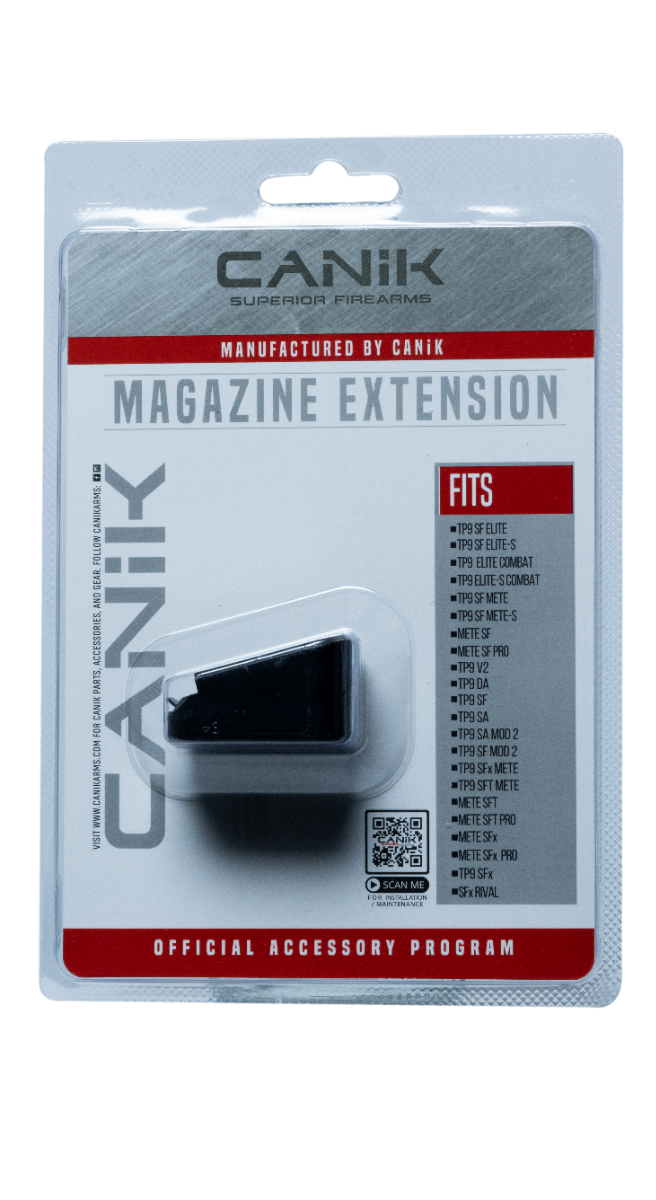 Canik Magazine Extension Aluminum PACN020 for TP9 & METE Series, official accessory packaging on display.