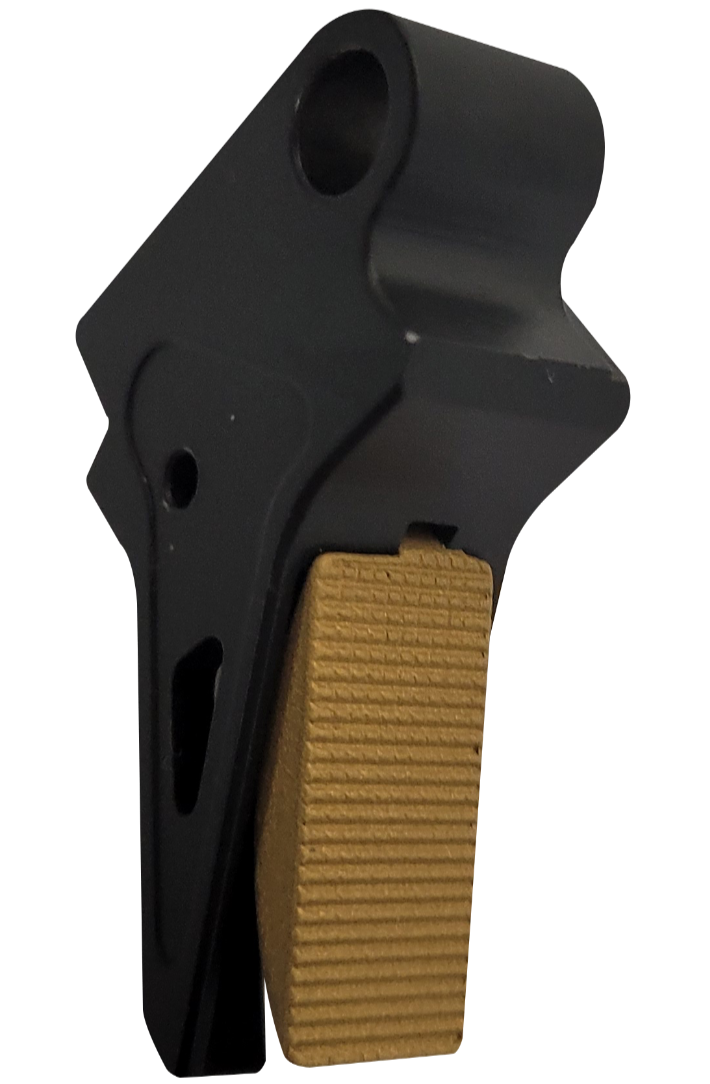 Enhanced aluminum flat trigger assembly for Canik TP9 series pistols, featuring a textured grip for improved control.