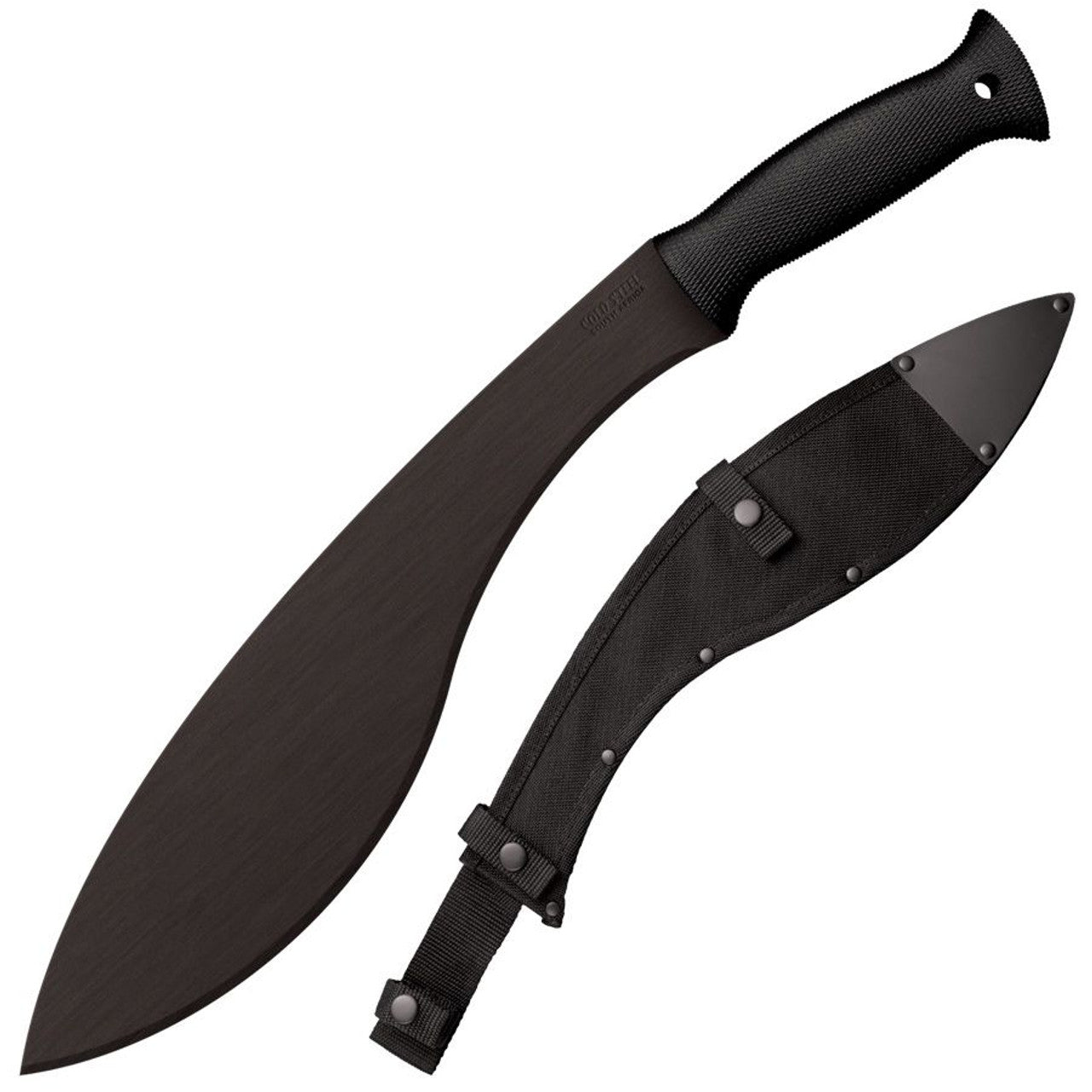 Cold Steel Kukri Machete with black blade and protective sheath, perfect for heavy-duty cutting and outdoor tasks.