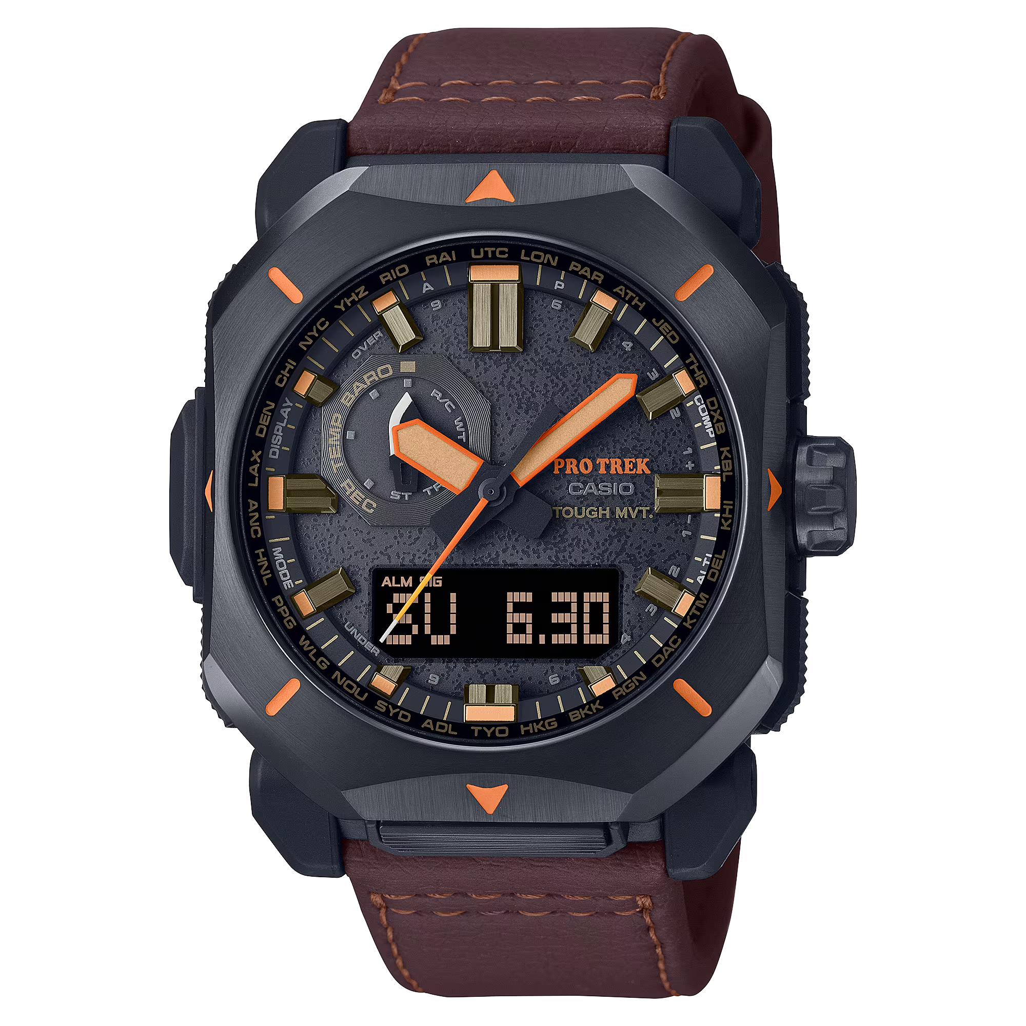 Casio Pro Trek Solar/Triple Sensor watch with rugged design, metal bezel, and brown leather strap for outdoor enthusiasts.