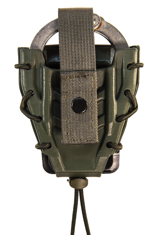 Comp-Tac Handcuff TACO Kydex U-Mount in green with secure strap and retention system for handcuffs.