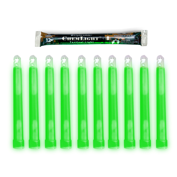 Cyalume ChemLight 6'' green tactical light sticks with packaging, offering bright illumination for various applications.