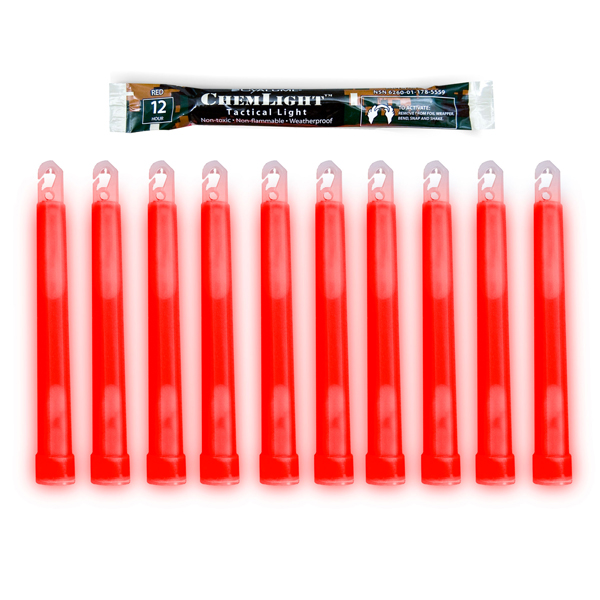 Set of 10 red Cyalume ChemLight 6'' tactical light sticks for reliable illumination in outdoor and tactical situations.