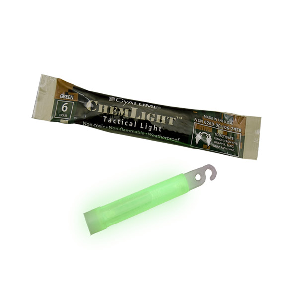 Cyalume ChemLight 4-inch green tactical light stick in packaging, providing bright, non-toxic illumination for various uses.