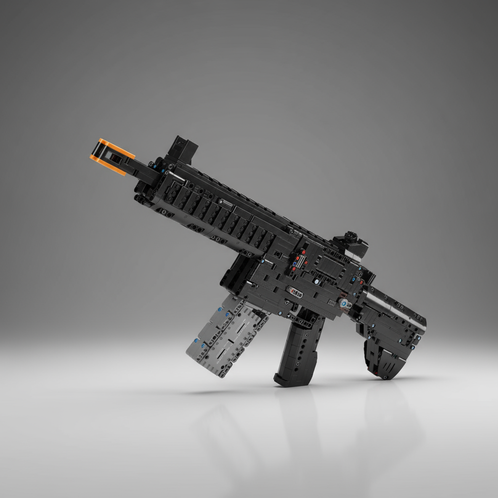 Black and gray toy rifle model on a gray background