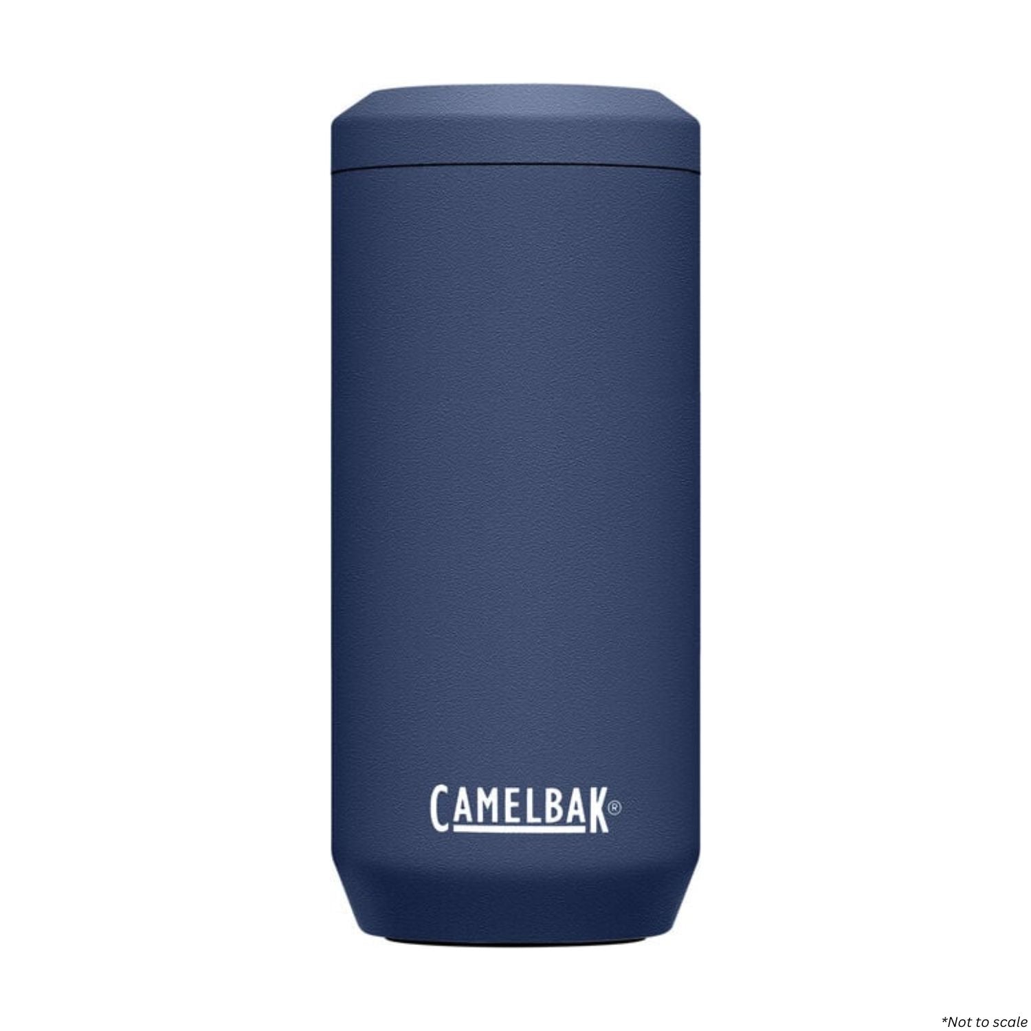 CamelBak Horizon Slim Can Cooler in navy blue, featuring durable powder coating and a non-slip base.