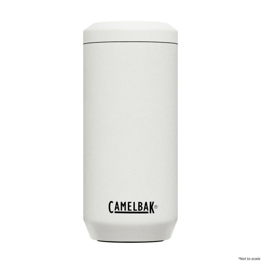 CamelBak Horizon Slim Can Cooler in white, featuring durable powder coating and vacuum insulation for outdoor adventures.