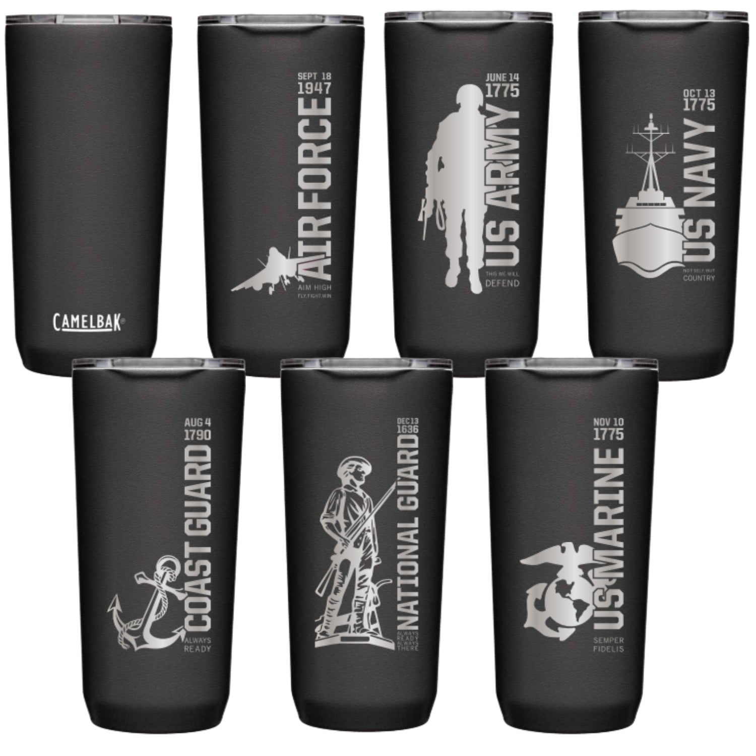 A collection of CamelBak 20oz Horizon Tumblers, each with official U.S.