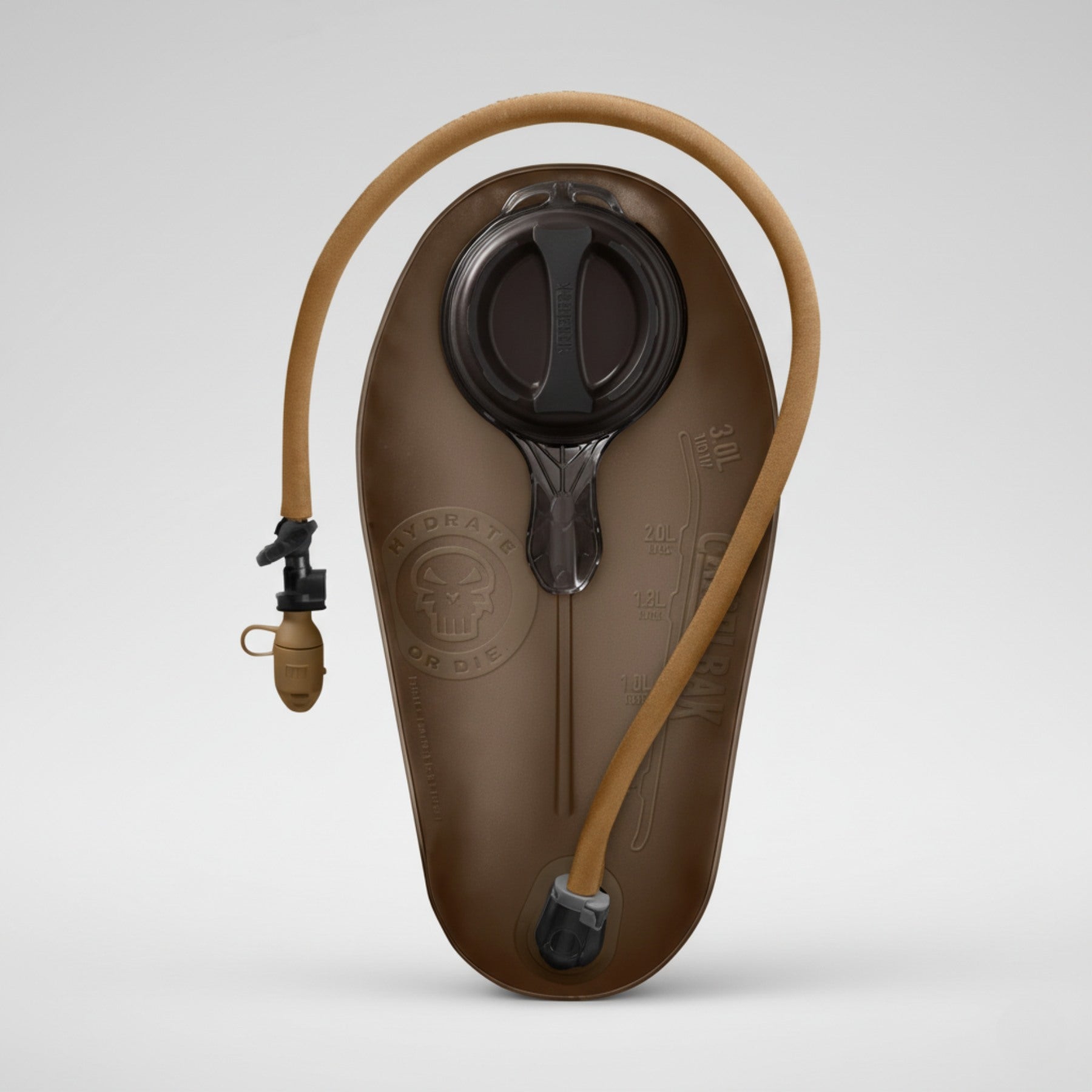 Brown hydration bladder with black valve on a white background