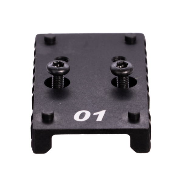 Black metal bracket with screws on a white background