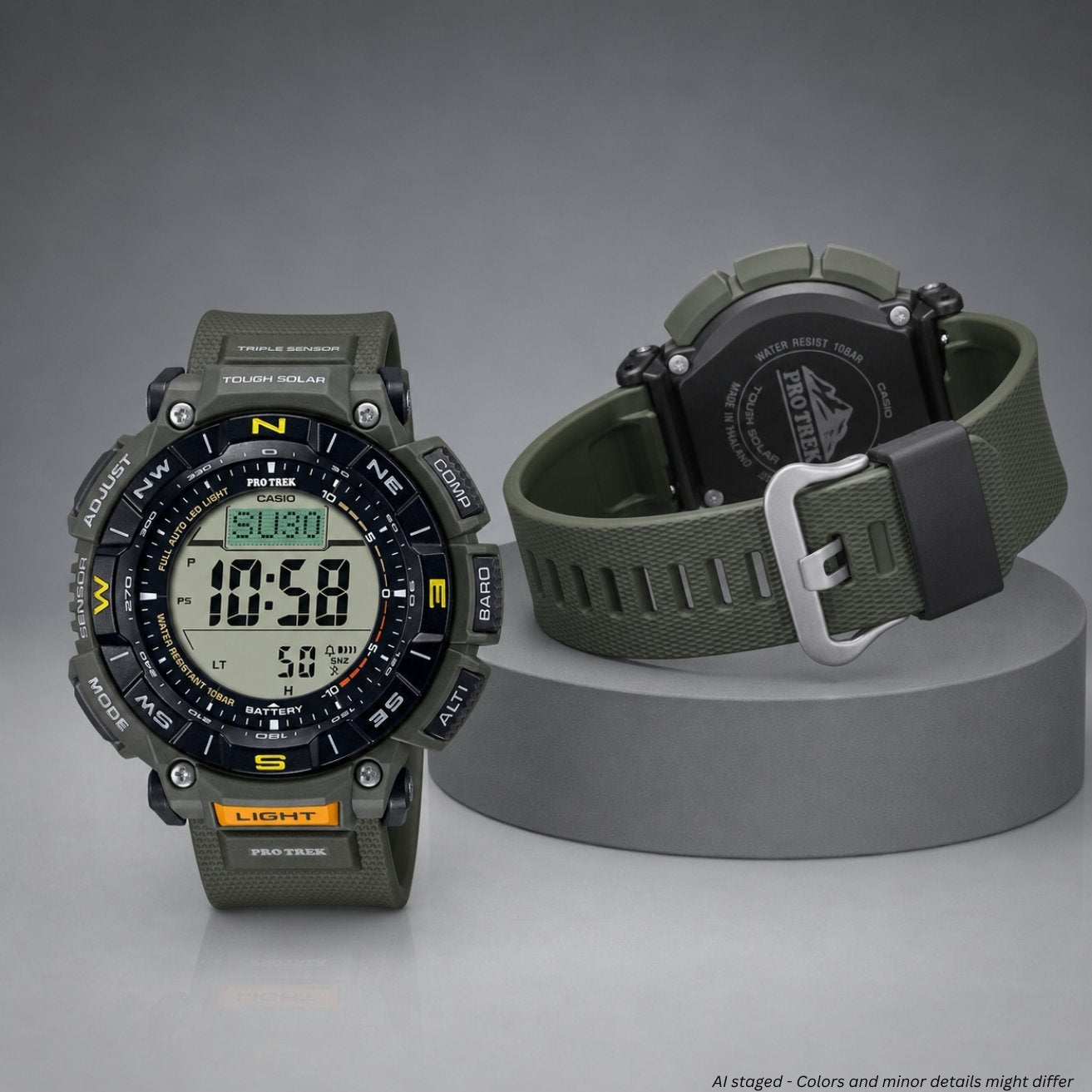 Green digital watch with detailed display on a gray platform