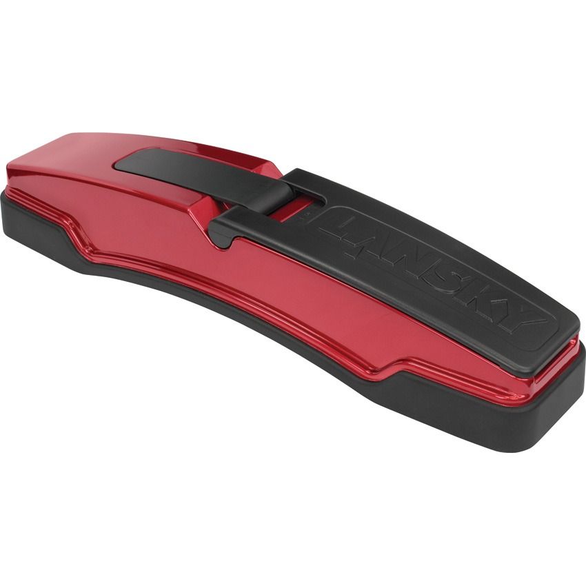 Side profile of the closed Lansky Master's Edge MEDGE1 in red and black finish with embossed Lansky logo on the black top cover, product shot on white background