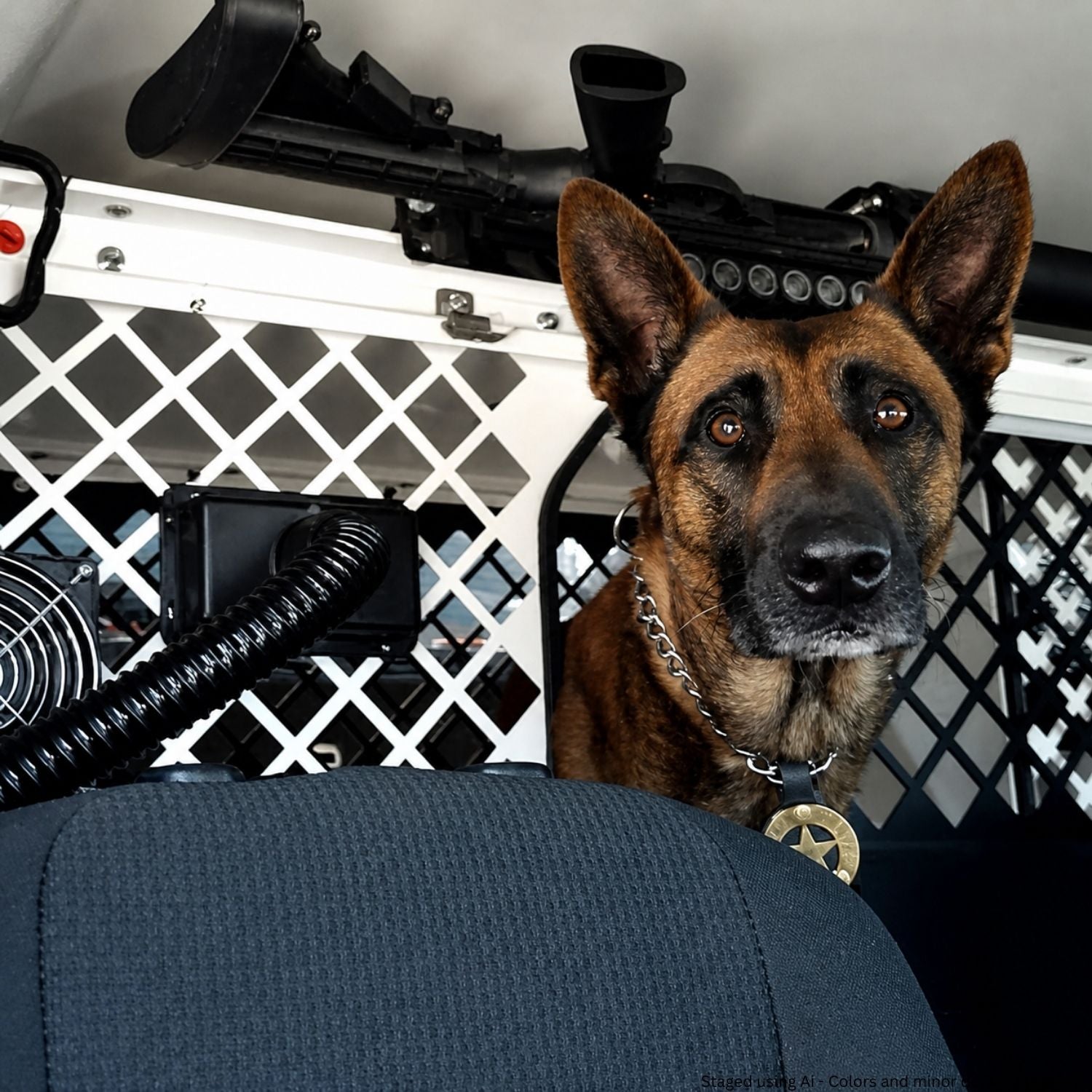K-9 dog in a police patrol car CoolK9 Dog Crate/Kennel A/C Cooling System by CoolCop