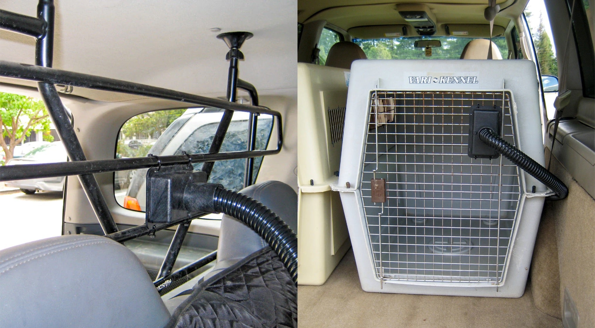 Pet crate mounted inside a vehicle with a view of the car's interior.