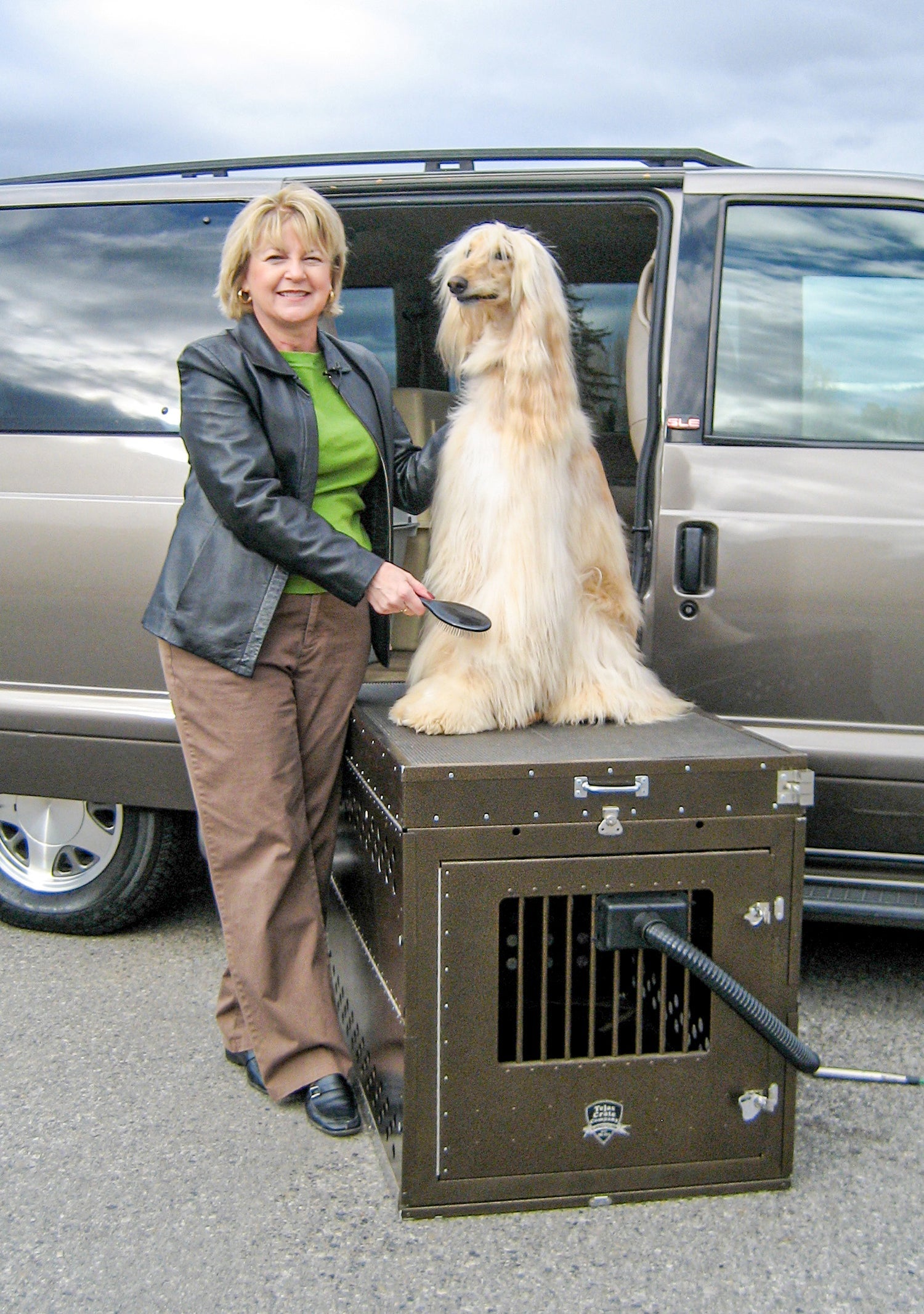 Woman with a large dog standing next to a pet carrier in front of a van.