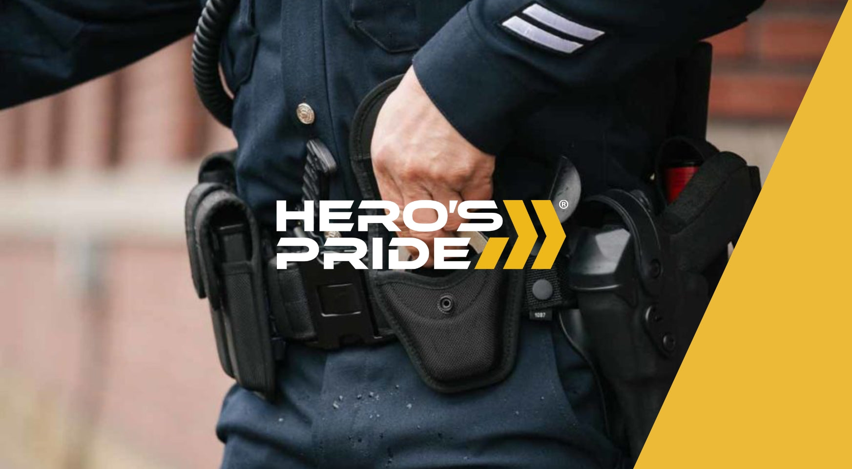 Person wearing a police uniform with a 'Hero's Pride' logo overlay.