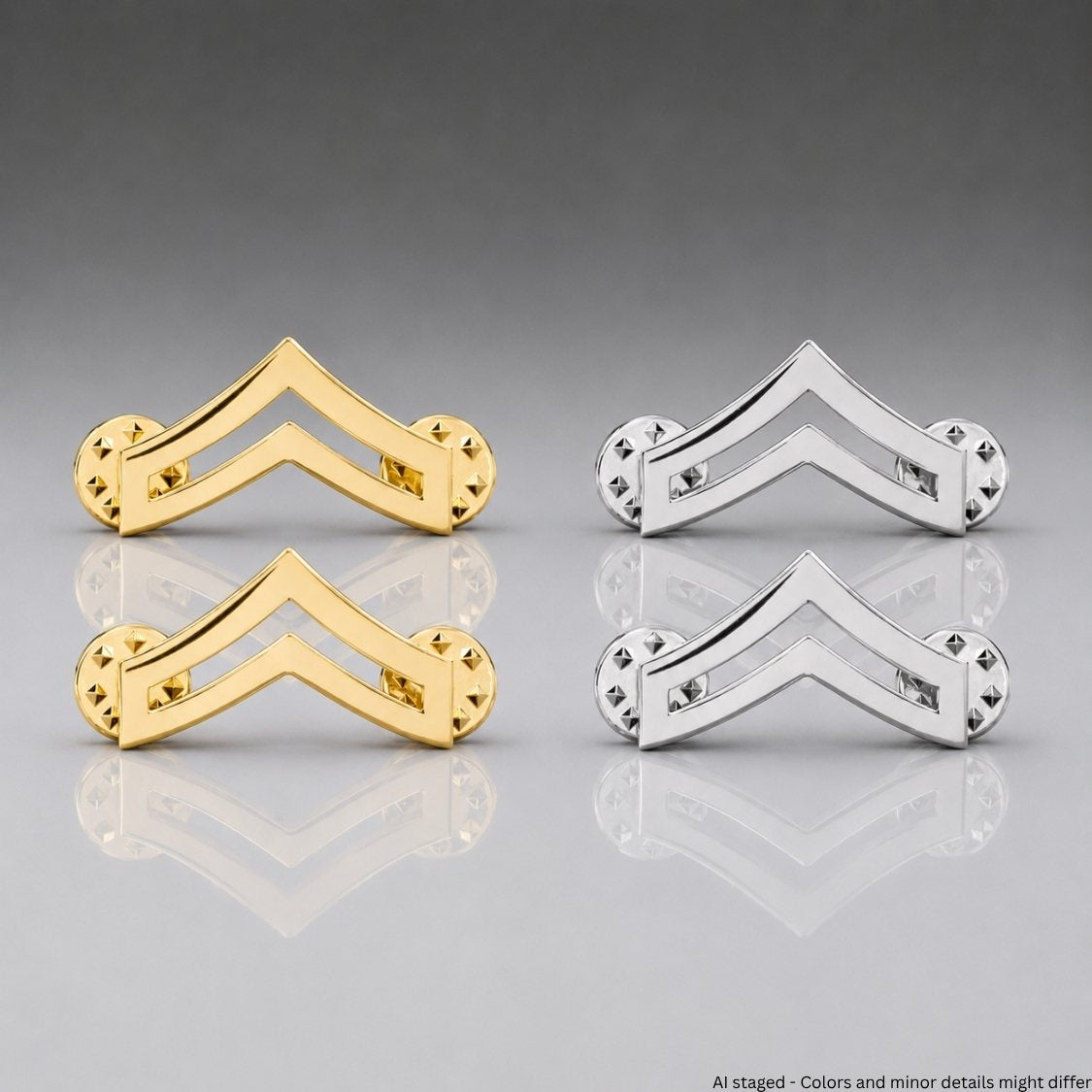 Corporal Chevron Rank Collar Pins - Gold and Silver pairs shown side by side