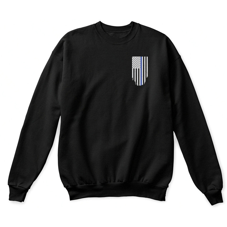 Thin Blue Line Crew Neck Sweatshirt in black featuring a tattered American flag design. Honor our officers with style.