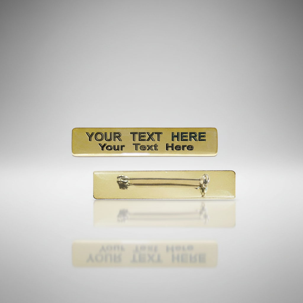 Gold name badge with customizable text on a gray background