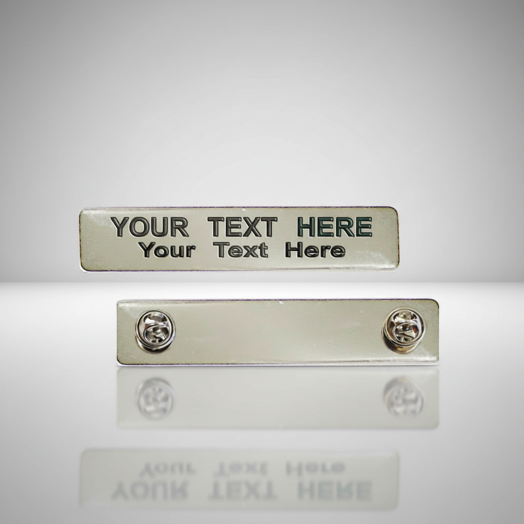 Personalized name tag with customizable text on a reflective surface