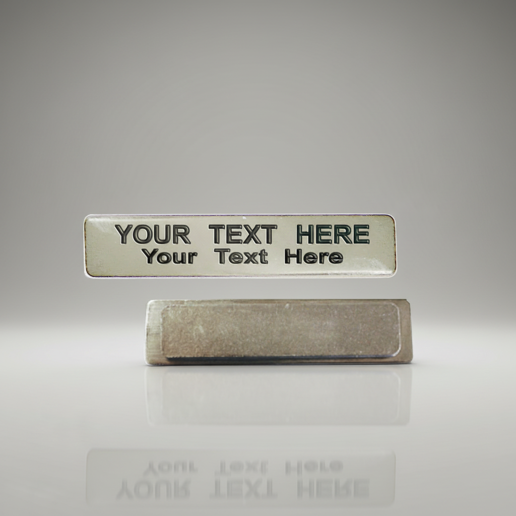 Personalized name tag with customizable text on a gray background