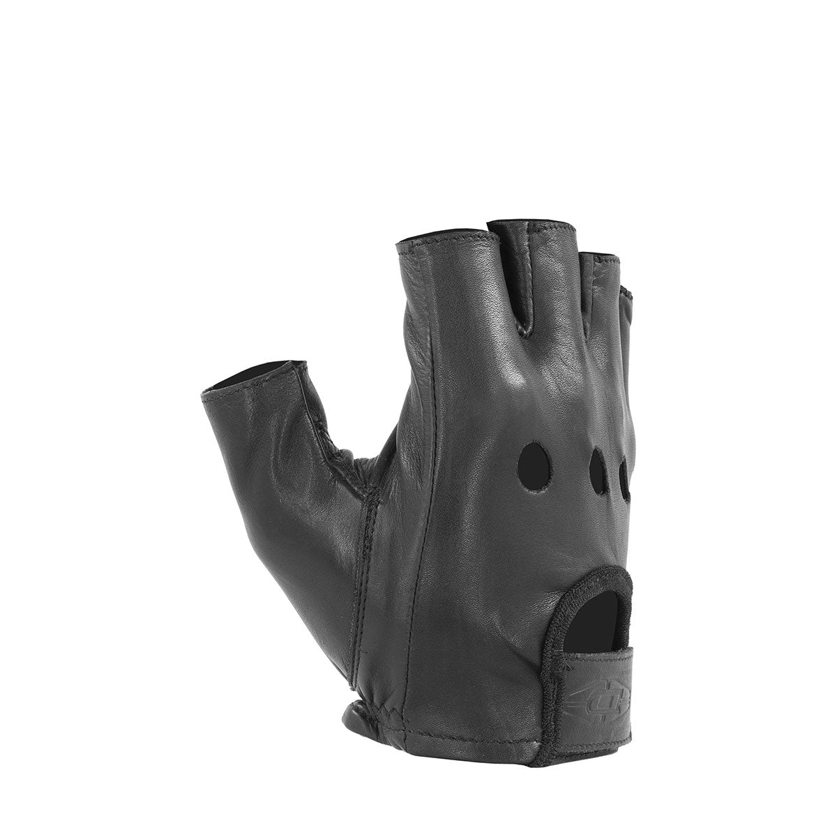 Black leather glove with fingerless design on a white background
