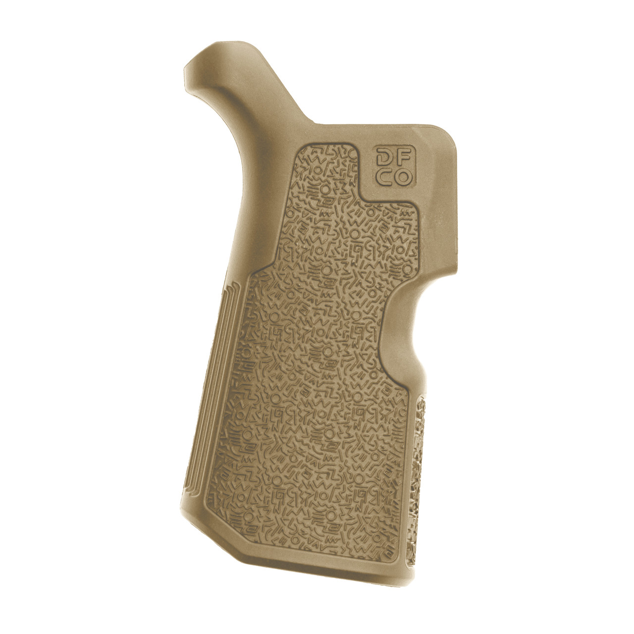 Die Free Co Kung Fu Grip in FDE color, designed for AR15/M4 and AR10/SR25, offering improved combat posture and comfort.