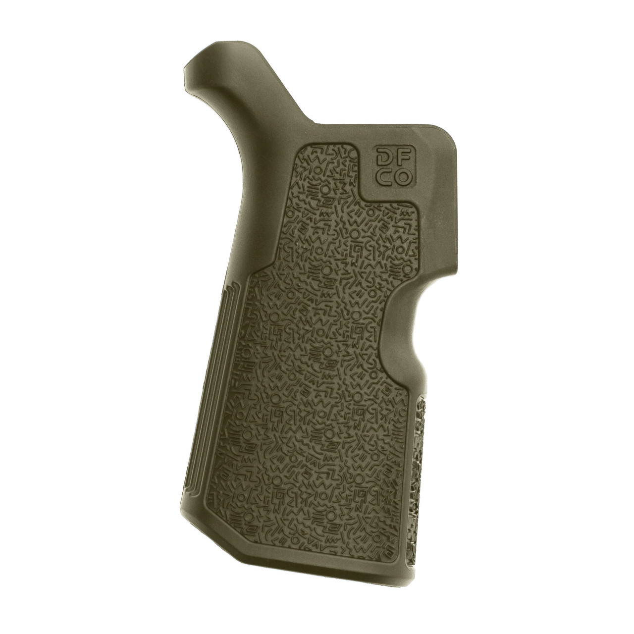 Die Free Co Kung Fu Grip in ODG designed for AR15/M4 and AR10/SR25 platforms, enhancing comfort and shooting posture.